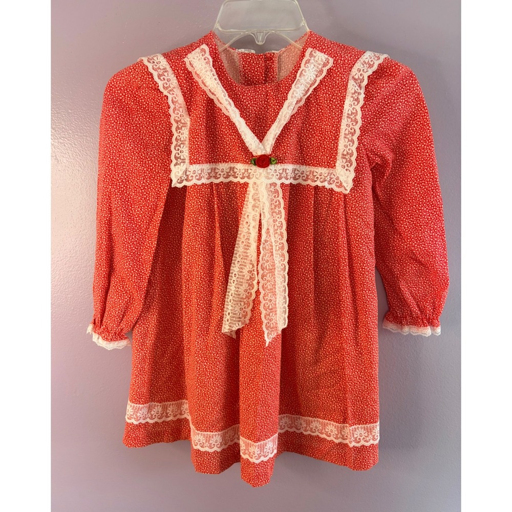 VTG Carrousel Girls 6X Prairie Dress Red Calico Lace Cottagecore USA Ruffles
